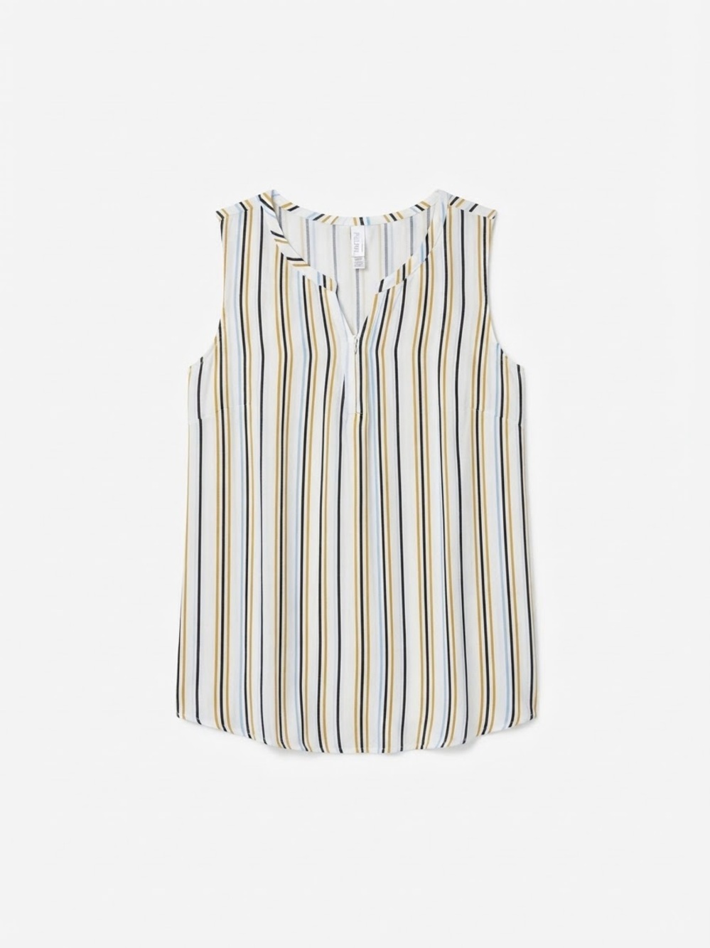 Sleeveless Stripe Flowy V-Neck Blouse - White with Yellow & Navy Stripes